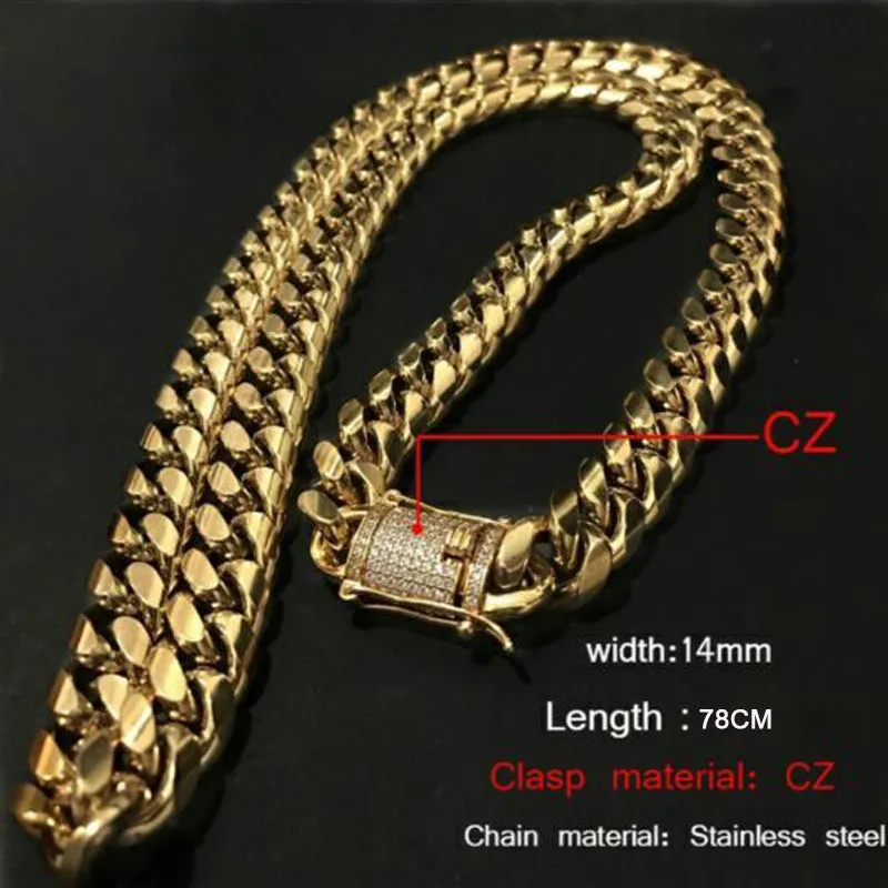 14mm Cool Mens Chain Gold Tone 316L Rostfritt stål halsband Curb Cuban Link -kedja och armband set med Diamond Clasp Lock 2st 287K
