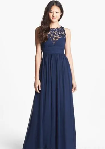 2019 Navy Blue Bridesmaid Dresses Chiffon Long Floor Length Empire Waist Maid of Honor Jewel Neck Sheer Zipper Lace Back Honor Bridal Gowns