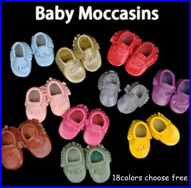 free shipping wholesale baby moccasins soft 100% Head Layer cow leather moccs baby booties toddler shoes 100pc=50pairs 18colors choose 0-2T