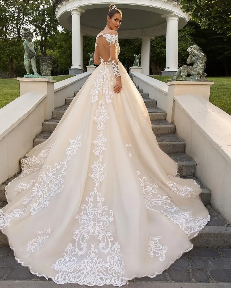 Modest Long Sleeve Wedding Dresses Sheer Neckline Open Back Lace ...