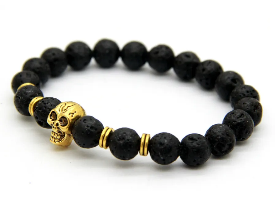 2015 Nya produkter Hela 10st Beaded 8mm Lava Stone Beads 24k Gold Skull Elastic Armband för män och kvinnors gåva2762