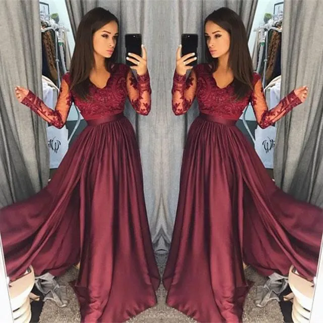 Sexig Burgundy V Neck Lace Sheer Long Sleeves Prom Klänningar Satin En linje Golvlängd Evening Gowns Formell Party Dresses Vestidos de Festa