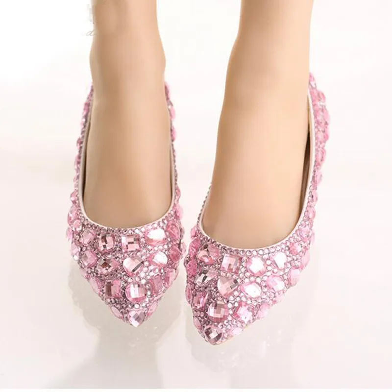 Flat Heel Pointed Toe Skor Färgglada Rhinestone Bride Skor Flats Bröllop Bröllop Skor Silver Röd Rosa Färgparty Dansskor