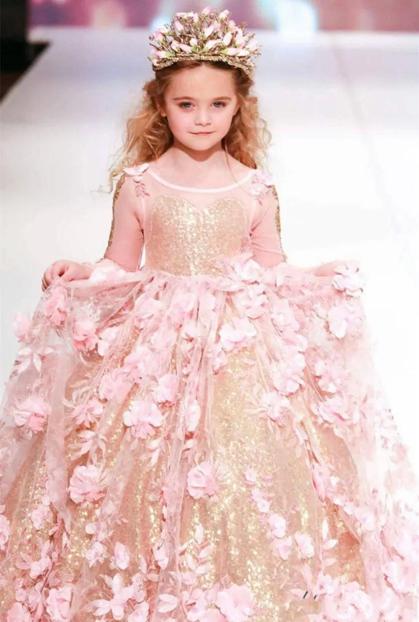 2018 Or Paillettes Robe De Bal Filles Pageant Robes Manches Longues Toddler Fleur Fille Robe Rose Floral 3D Appliques Première Communion Robes