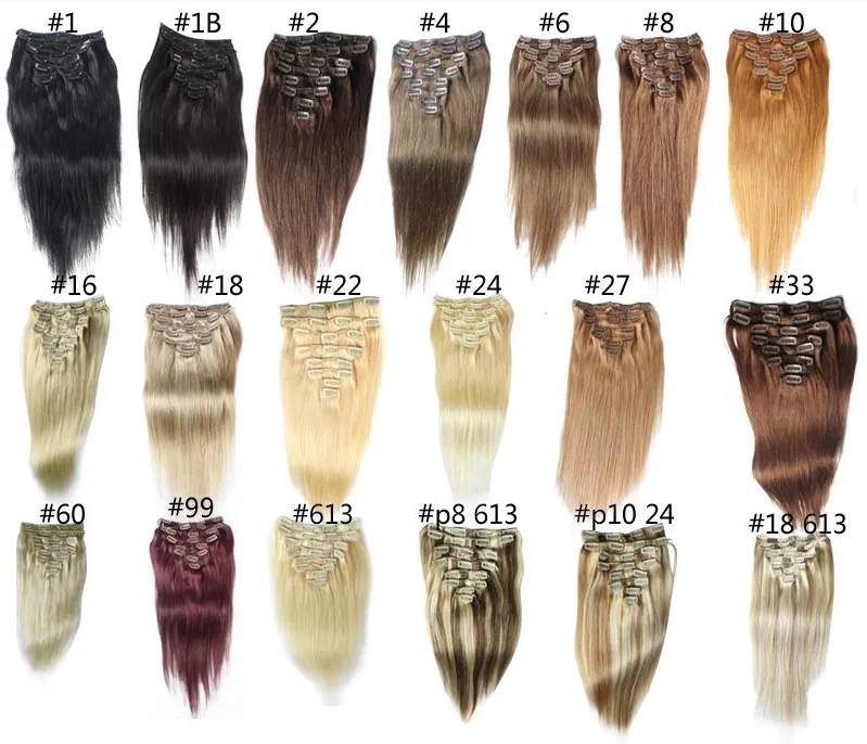 14 "- 26", 8pcs non transformés Brésilien Remy cheveux droits Clip-in Coiffure Cheveux Remy Remy Human Hair Extensions, 12 couleurs pour choisir, 140g / Set,