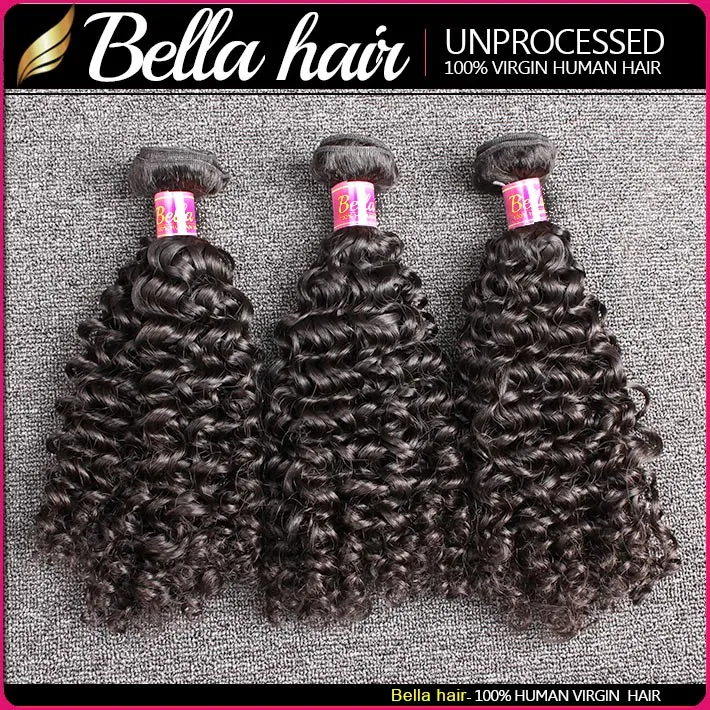 Bella 8A brasilianska hårbuntar dubbla inslag Obearbetat människohår lockigt väv 3 stSvart Färg Kinky Extensions 8~30 tum