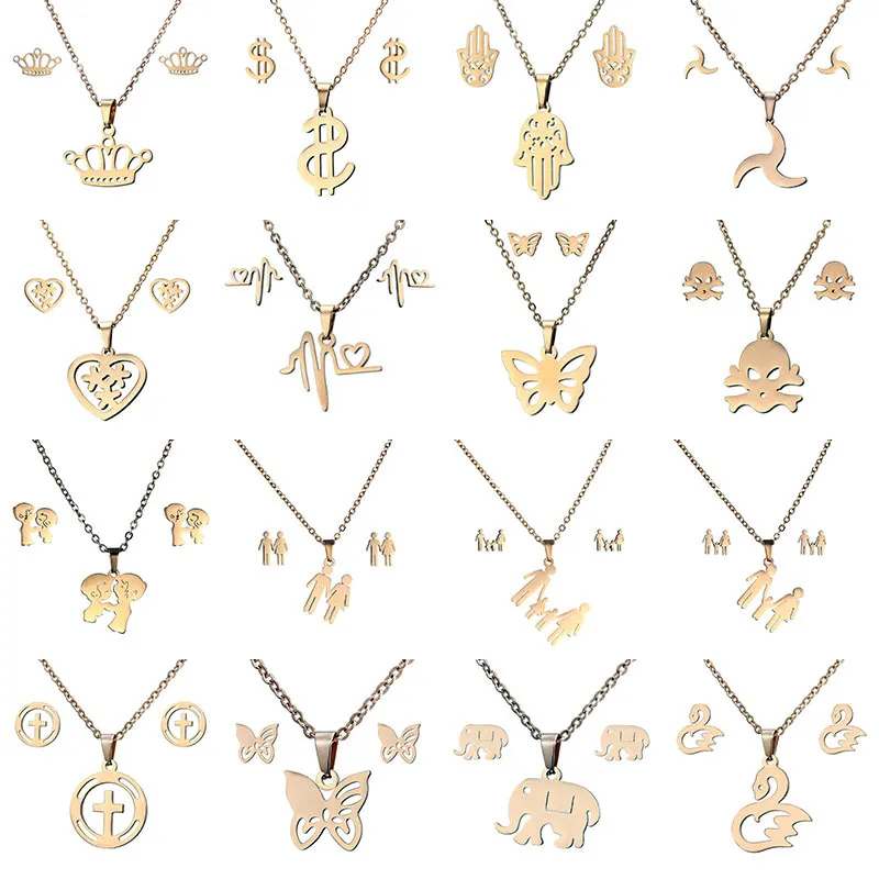 16 stili Set di gioielli in acciaio inossidabile 316L Corona Teschio Farfalla Elefante Collana con ciondolo a forma di cuore Set di orecchini per gioielli di moda da donna