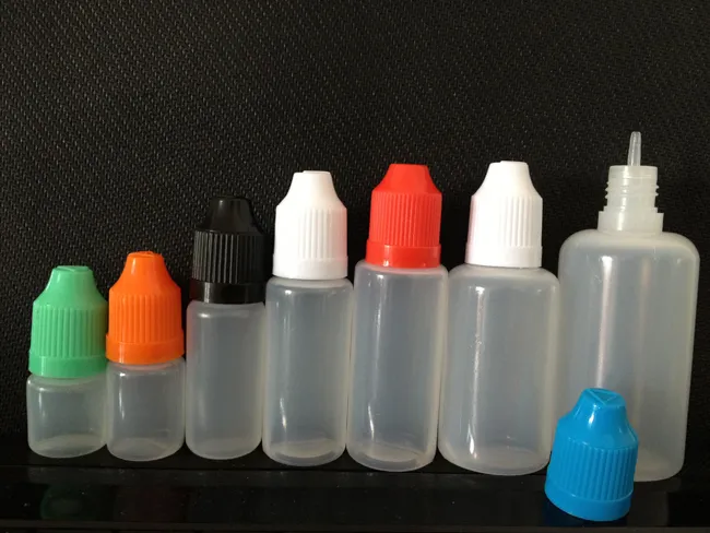 Droppflaskor 3 ml 5 ml 10 ml 15 ml 20 ml 30 ml 50 ml plastisk PE mjuk tom nålflaska med barnsäker lock långa tunna droppspetsar