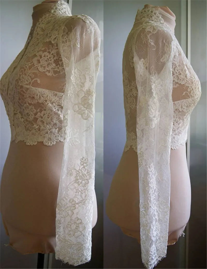 Cheap Bridal Wraps Modest Alencon Lace Crystals V Neck Sheath Wedding Bridal Bolero For Wedding Dresses Long Sleeve Lace Applique 8160905