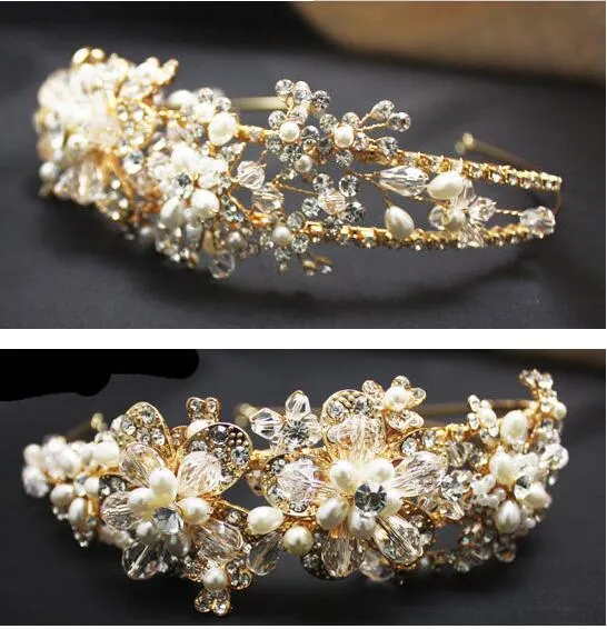2015 Gold Vintage Bridal Jewelry Headpiece Imitation Pearl Hair Accessories Crystal Hair Band pannband Brud Crown Tiara Wedding6002551