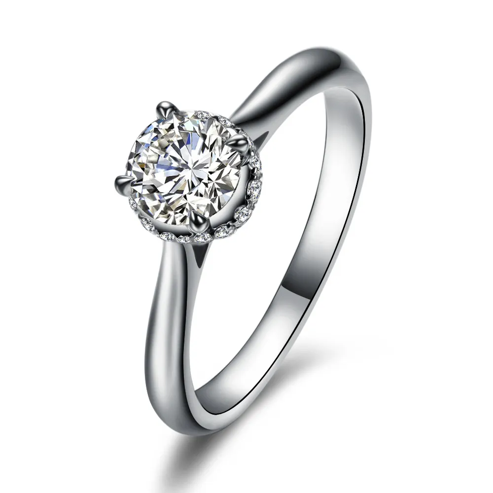 Gioielli di lusso Anelli di fidanzamento con diamante simulato sona da 1 ct donna, fede nuziale placcata in oro bianco massiccio 14 carati, anelli in argento