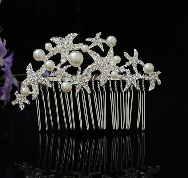 Wholesale-wedding romantic crystal rhinestone pearl metal star hair comb bride party hair jewelry bridal vintage hair accessories