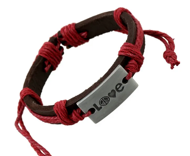 2015 latest version punk style 100% genuine leather bracelet alloy LOVE Couple Hemp rope adjustable bracelet 