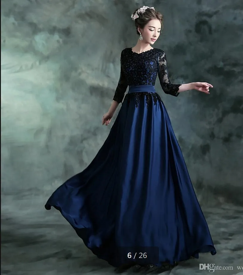 Dark blue chiffon evening dresses lace appliques with scoop neckline sashes 34 sleeve modest formal prom party evening dress