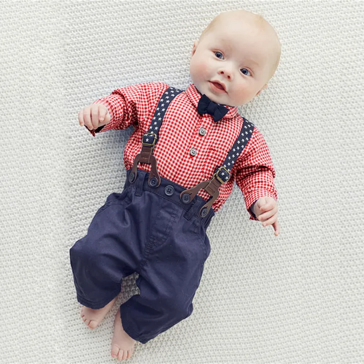 2017 Baby Boy Copre Gli Insiemi Autunno Gentleman Suit Neonato Set di Abbigliamento Papillon T-Shirt Infantile + Pantaloni Della Bretella 2 Pz Abiti Bambini Abiti