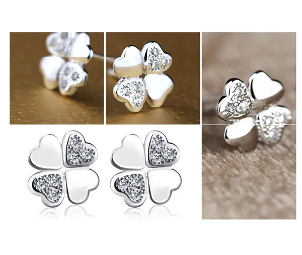 Orecchini in argento sterling 925 Gioielli di moda a forma di cuore Lucky Four Leaf Clover Crystal Simple Stud Ear Rings le donne Ragazze di alta qualità