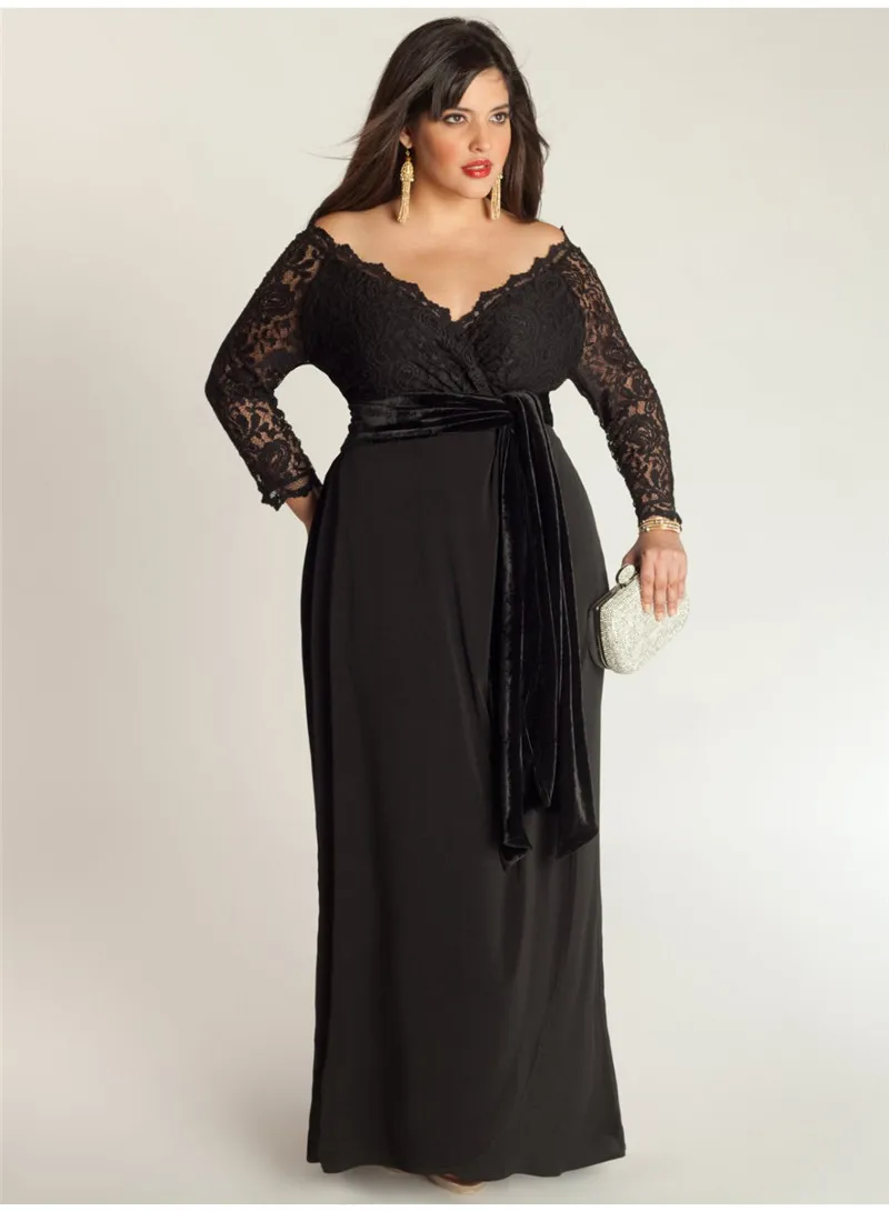 Elegant A-Line Plus Size Special Occasion Dresses Lace Top Sash Off-Shoulder V-Neck 3/4 Long Sleeve Ankle-Length Ladies Formal Prom Gowns