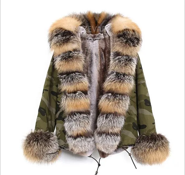 JAZZAVER marca pele Cast marrom guarnição forro de pele de raposa de prata camuflagem shell mini parka com guarnição da pele Placket fox com capuz