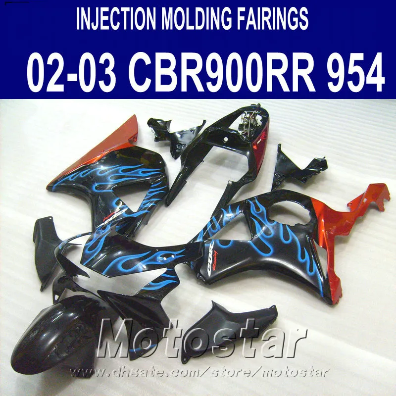 Injection molding High quality fairing kit for Honda cbr900rr fairings 954 2002 2003 CBR900 RR blue flames black bodykits CBR954 02 03 YR6