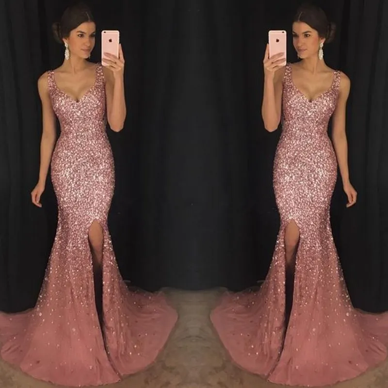 Gorgeous Sparkly V-Neck Syrenka Formalne Pagewne Suknie LXUXRY Crystal Zroszony Prom Dress Major Beading Split Sweep Pociąg Suknia