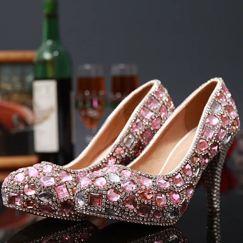 New Arrived Shinny Pink Crystal Rhinestone High Heels Shoes Fashion Luxury Ladies Round Toe Bridal Wedding Dress Shoes