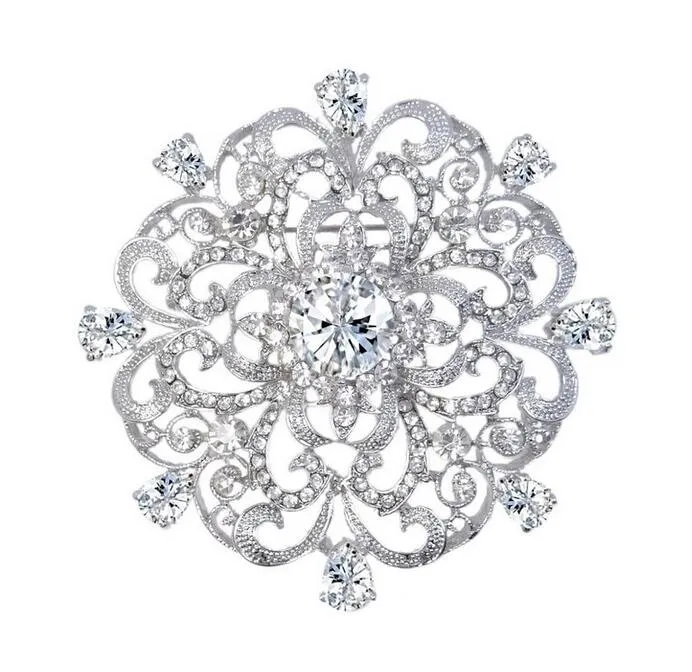 2 Inch White Gold Tone Clear Crystal and Zirconia Floral Jewelry Brooch Women Gifts Vintage