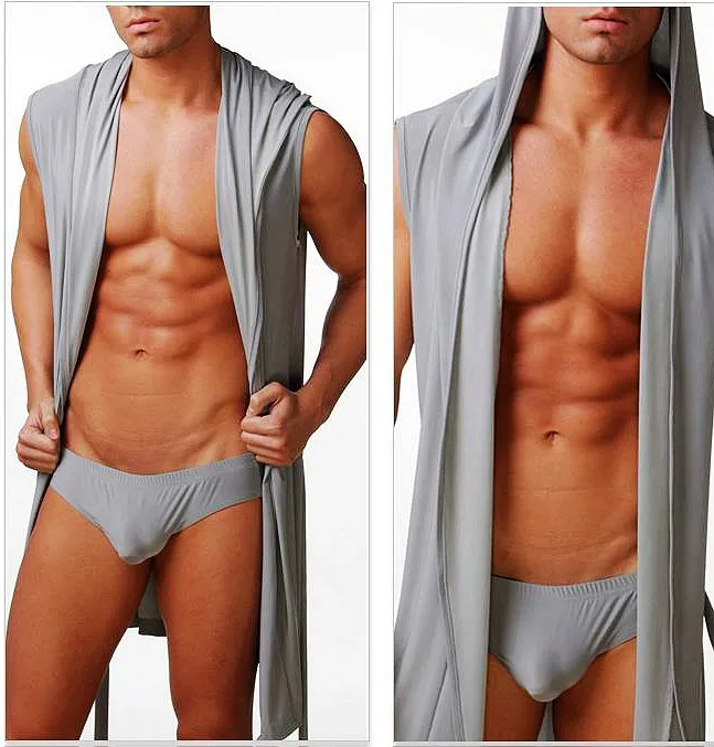 Atacado-roupa interior masculina lazer lounge robe com capuz sexy meryl seda macio vestido pijamas robes masculino sleep lounge homens roupões de banho