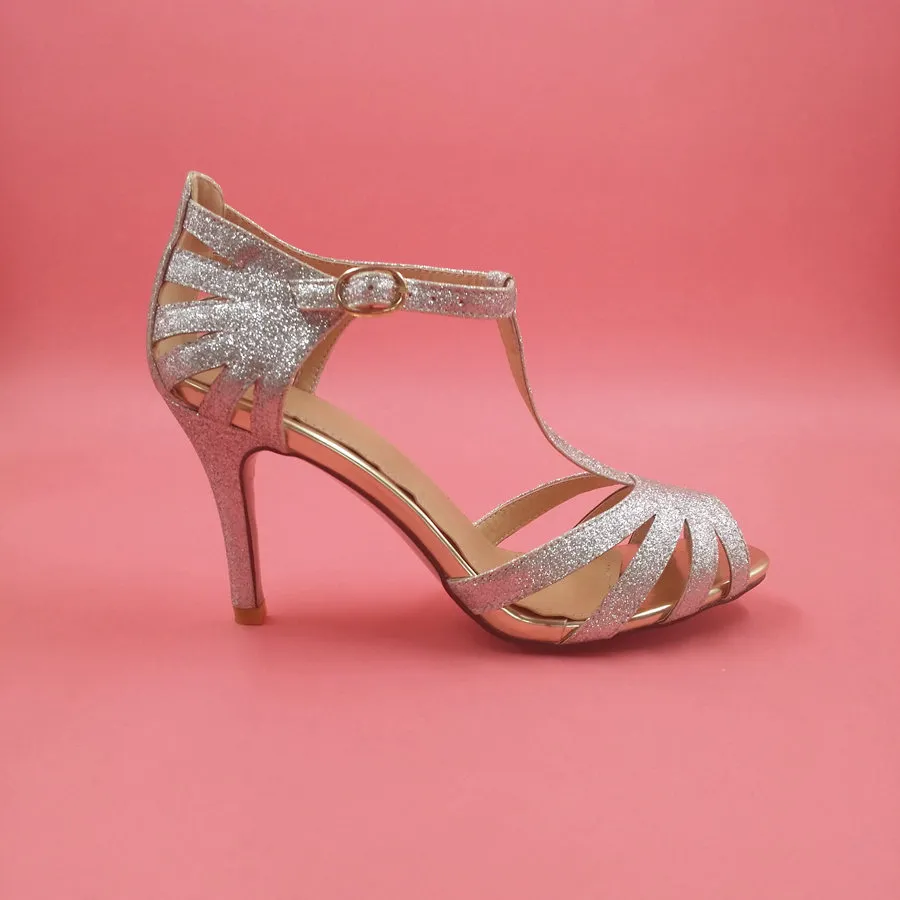 Silver Glittery Wedding Shoes Handmade Pompy T-Paski Skórzane Wygodne Pompy TOE 4 