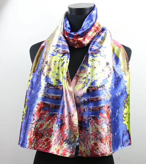 Blue Garden Pink Fence Scarves Women's Fashion Satin Oil Painting Long Wrap Shawl Beach Silk Scarf 160X50cm