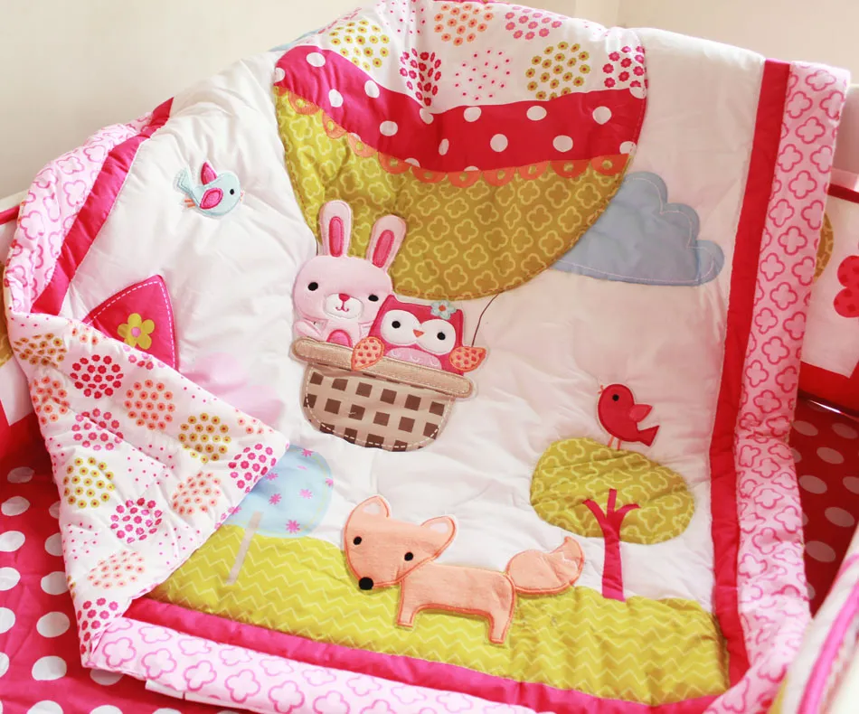 7 sztuk Baby Pościel Zestaw Haft 3D Hot Air Balloon Rabbit Fox Owl Baby Crib Pościel Zestaw Bedskirt Kołdry Opiekun Pościel Zestaw Pośródki