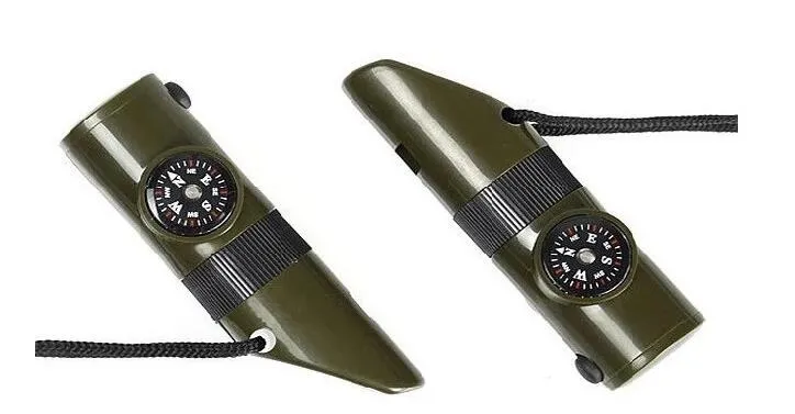 500st 7 i 1 multifunktionell militär överlevnadskit Förstoringsglas Whistle Compass Thermometer LED-ljus