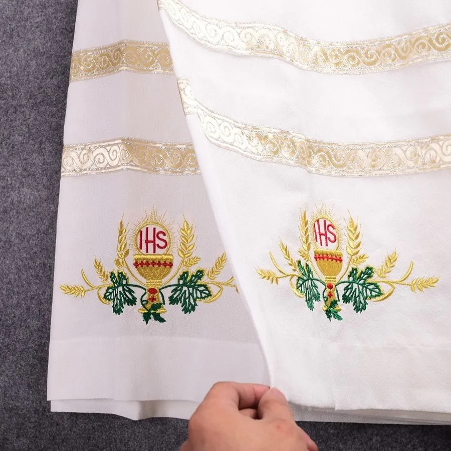 الدين رداء الأبيض الرداء الكنيسة الكاثوليكية IHS الكأس التطريز ALTAR الخادم الثياب للرجال شحن سريع
