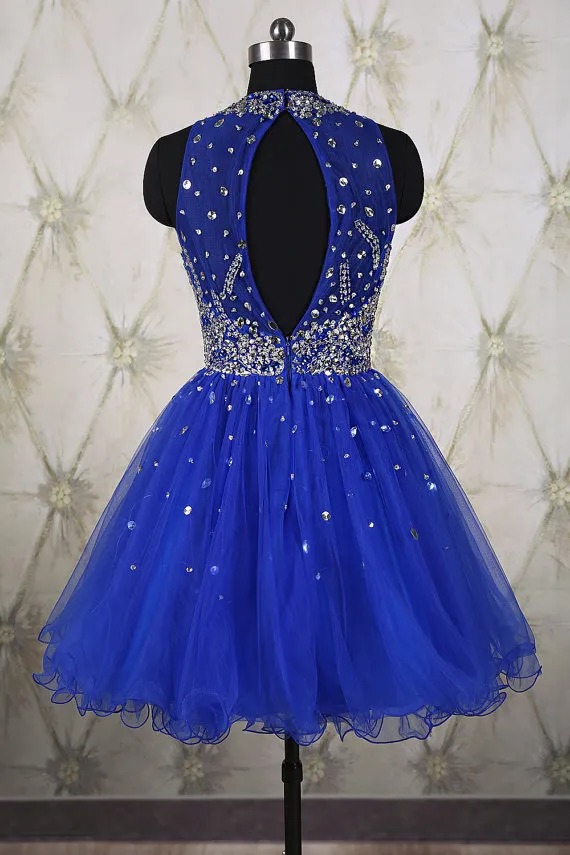 Royal Blue Formal Prom Dress Pleated Mini Evening Gowns Short Evening Dresses With Beaded Sequins Crew Collar Knee Length Dress