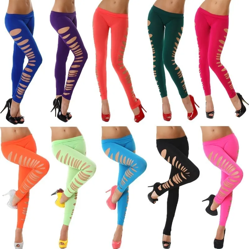 Kvinnor Multicolor Slim Fit Elastic midjeband Leggings Fashion Candy Color Side Cut Jeggings Ripped Hollow Out Fiess Pants Byxor