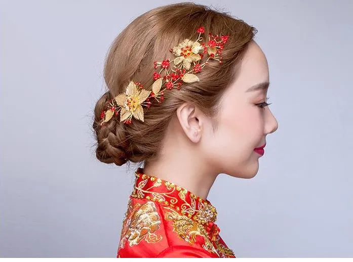 Kırmızı Çin gelin headdress kostüm gösterisi saç giyim aksesuarları Takı Düğün Tost elbise Wo çiçek