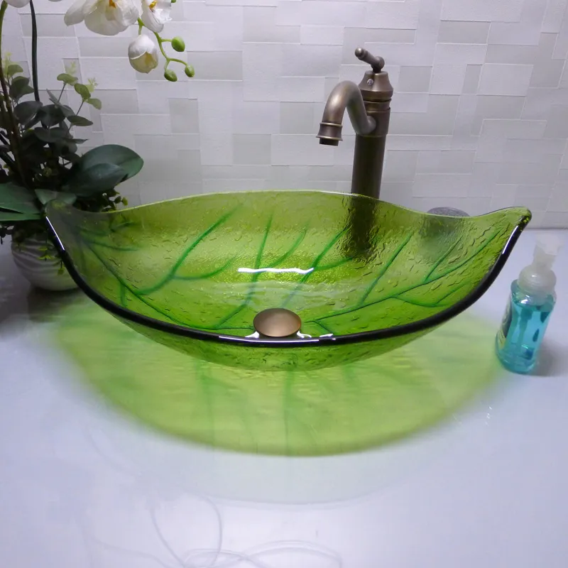 バスルーム強化ガラスシンクハンドクラフトカウンタートップ葉型盆地洗浄流域クロークルームシャンプー容器HX015