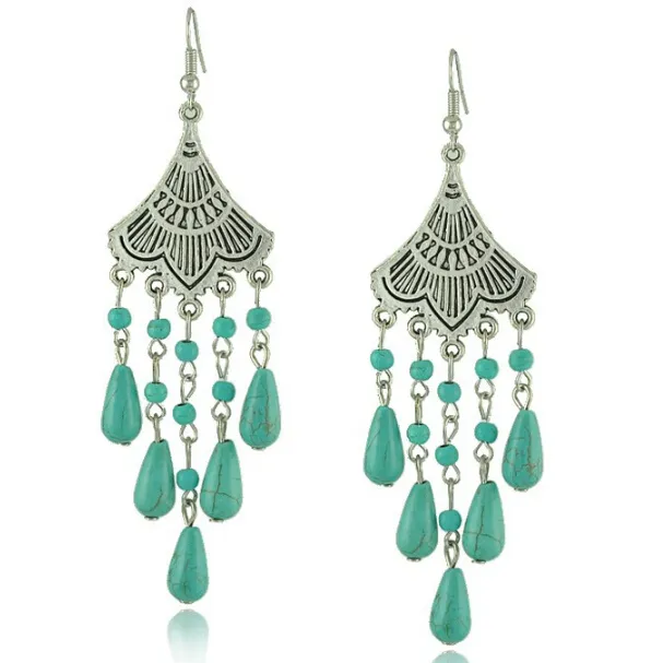 vintage style statament silver plated alloy fan shape drop turquoise dangle earrings