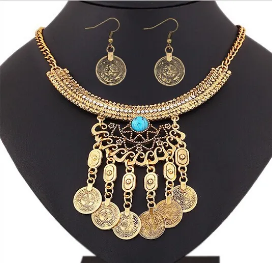 Bohemian Retro Tribal Crystal Crescent Bead Flower Coin Fringe Bavaglino Collana Orecchini Set Set di gioielli zingari turchi