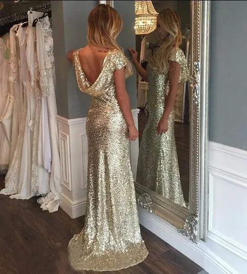 New Arriva Gold Sequined Sheath Cap Sleeveless Long Bridesmaid Dresses for Wedding Party In Stcok Prom Dresses244s