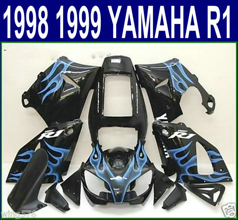 Stampaggio ad iniezione set carrozzeria spedizione gratuita per carenature YAMAHA YZF R1 1998 1999 98 99 YZF-R1 kit carenatura moto nero fiamme blu YP68