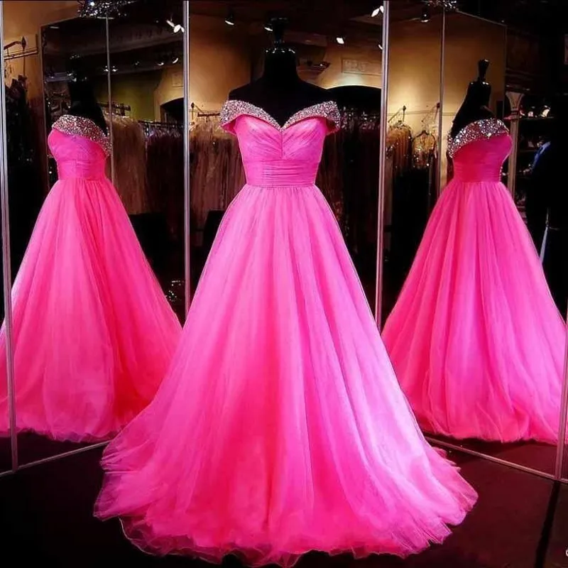 Gorgeous Fushia Crystals Beaded Prom Dresses 2016 Sexy Off Shoulder Backless Arabic Evening Gowns Tulle Ball Gown Formal Party Dresses