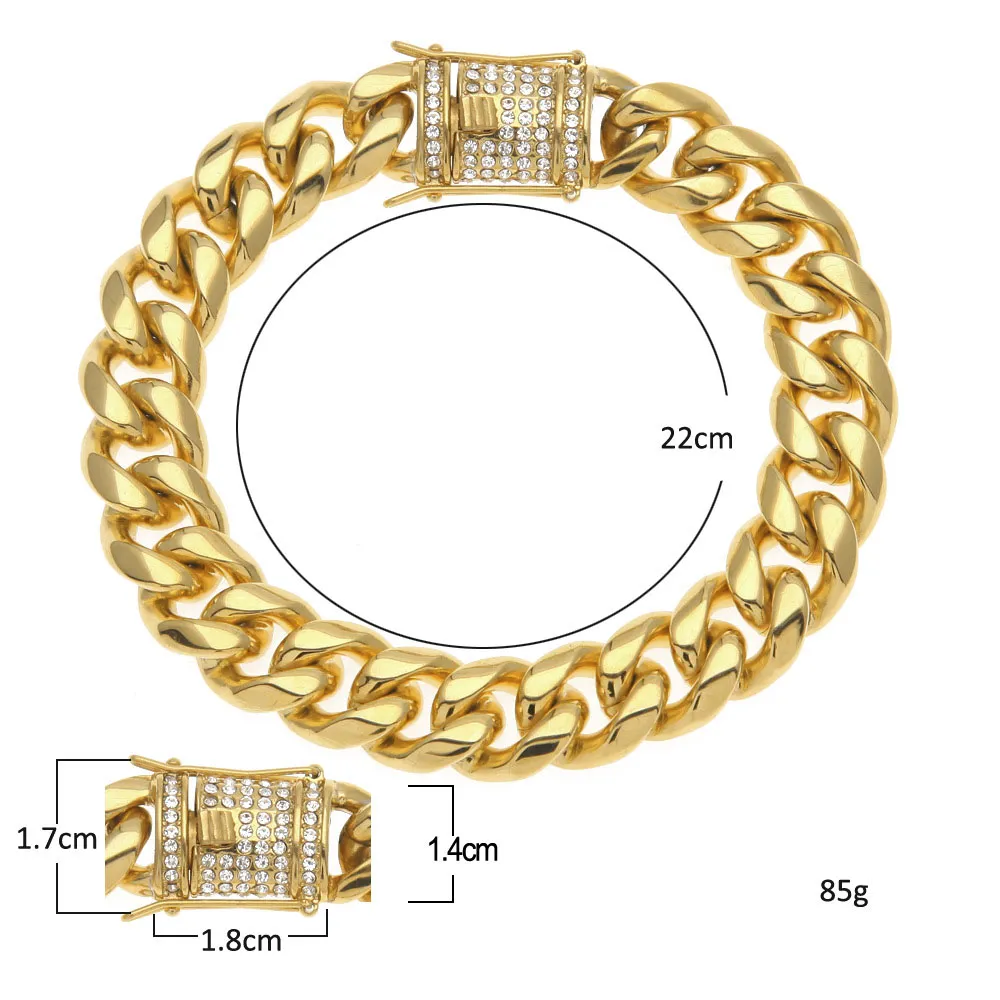 Rostfritt stål 24K Solid Gold Electroplate Casting Clasp W Diamond Cuban Link Halsband Armband för män Curb Chains smycken Set320a