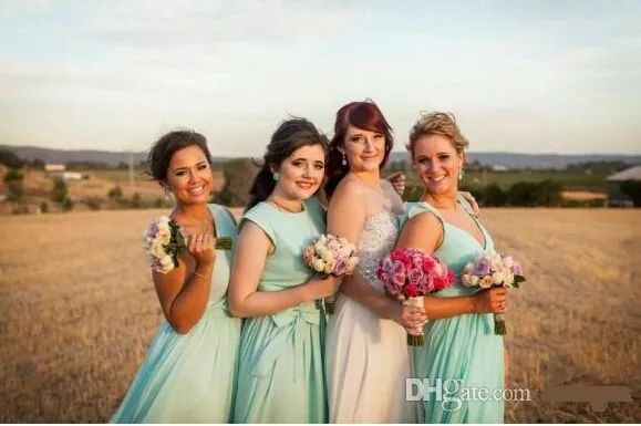 Turquoise bruidsmeisje jurken chiffon een schouder bruidsmeisjes jurk mix stijl goedkope partij meisjes bruiloft meid van eer toga