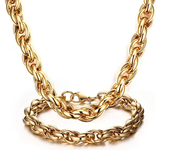 Enorme stile da festa da uomo pesante gioielli popolari in acciaio inossidabile affascinante alta qualità 24k oro corda catena a maglie collana + braccialetto set di gioielli