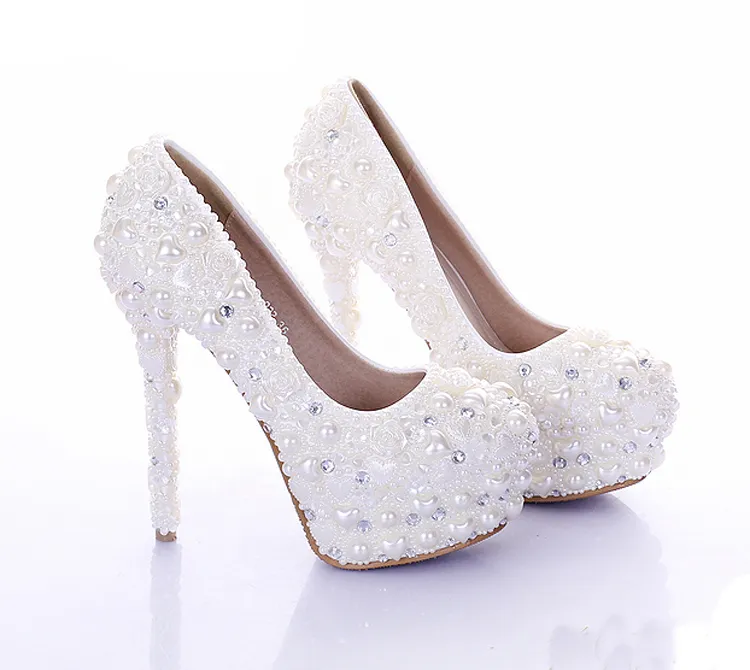New Diamond Wedding Shoes Ivory Color Pearl Bridal Dress Shoes Beautiful Crystal High Heel Party Prom Shoes Platforms