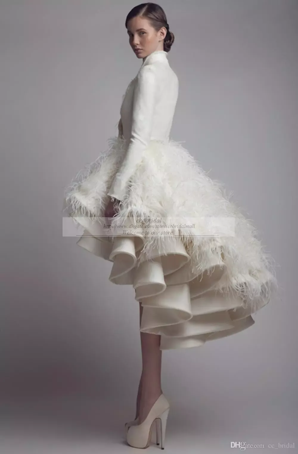 디자이너 Krikor jabotian 라인 웨딩 드레스 높은 칼라 프릴 깃털 높은 낮은 신부 가운 새틴 긴 소매 플러스 사이즈 웨딩 드레스