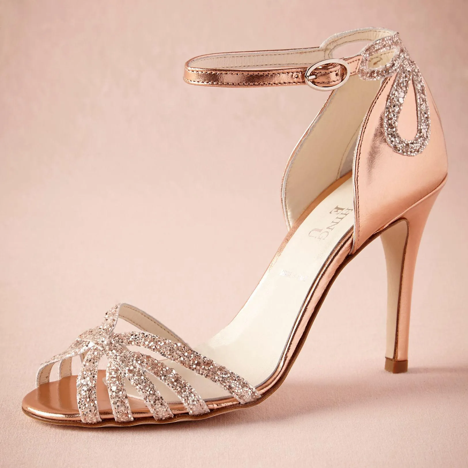 Rose Gold Glittered Heel Real Wedding Shoes Pumps Sandals Gold Leather Buckle Closure Glitter Party Dance High Wrapped Heels Women258y