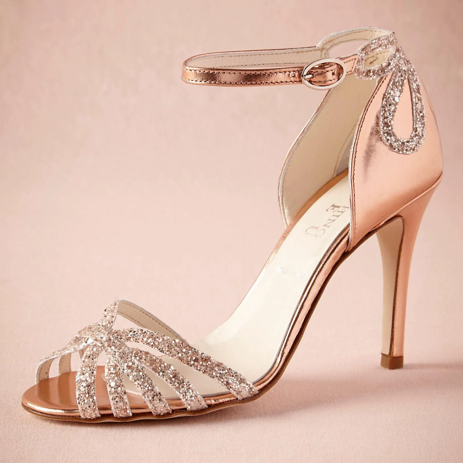 Rose Gold Glittered Heel Real Bröllop Skor Pumpar Sandaler Guld Läder Spänne Avslutning Glitter Party Dance High Wrapped Heels Women Sandals