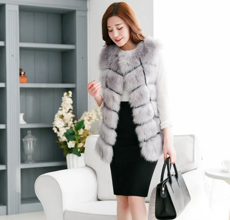 2018 Vinter Kvinnor Plus Storlek Faux Fur Coat Fashion Long Vest Jackor Faux Fur Vest Ladies Outwear pälsrockar för kvinnor