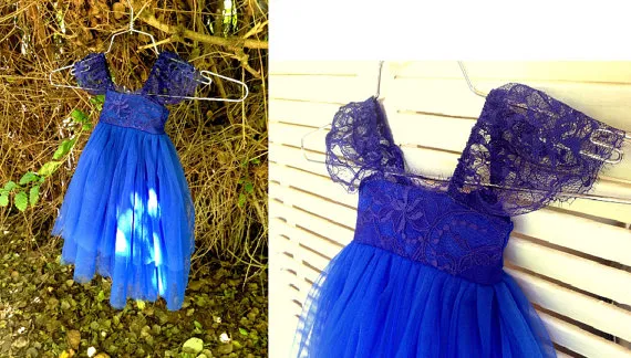 ROYAL BLUE Solstiss Французское кружево и шелковое платье из тюля с цветочками gilr королевский синий для девочки